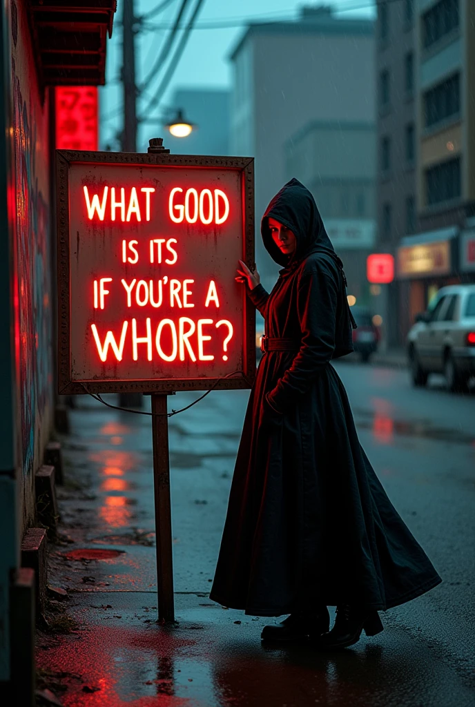 A sign that says: What good is it if you're a whore?