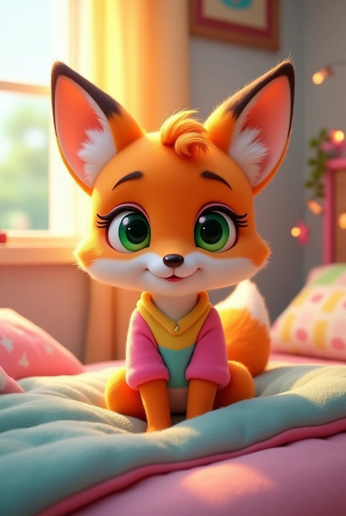a cartoon 2d anthropomorphic fox girl kid wearing a pink, yellow, and blue gradient shirt relaxing on top of a bed. She’s bottomless.
