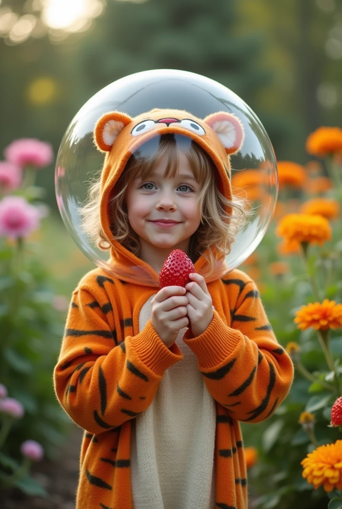 dressed as a tiger, with a knitted shirt, eating strawberry, with their head wrapped in a transparent bubble