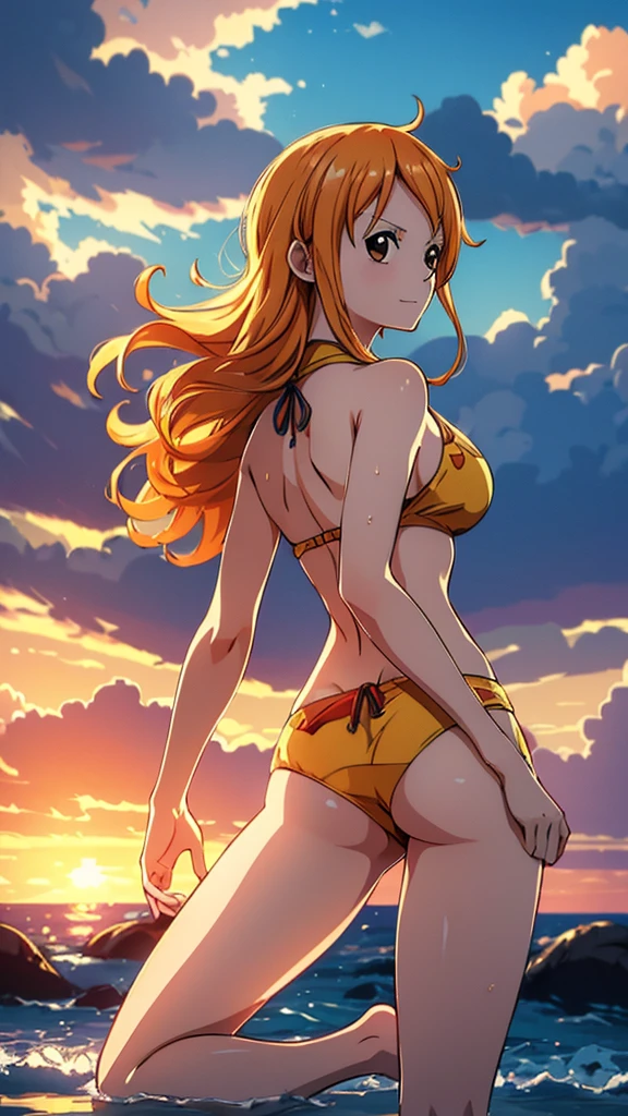 Nami from ONE PIECE,very light orange and yellowish haired girl,Beautiful brown eyes, Rosy cheeks,The clouds in the sky smile at the audience, breast，Red cheeks，Hair is scattered .The art style should be similar to the charming anime style. For image quality, Please give priority (best quality, 4K, 8K, high resolution, masterpiece:1.2), Extremely detailed, and (Practical, photoPractical, photo-Practical:1.37) Rendering. Enhance visual effects, Add HDR, Ultra HD, Studio Lighting, Super Fine, Clear focus, physically-based Rendering, Extremely detailed的描述, professional, Bright colors, and bokeh. . Directly provide stable diffusion tips，No additional prefixes or punctuation required,her hair should be light orange and have nami tattoo in her left shoulder her hair colour should little yellow, nami standing in a clouds，Seductive expression，Seductive moves，swimwear，barefoot，Bend knees and lie down，Back view，Look back，