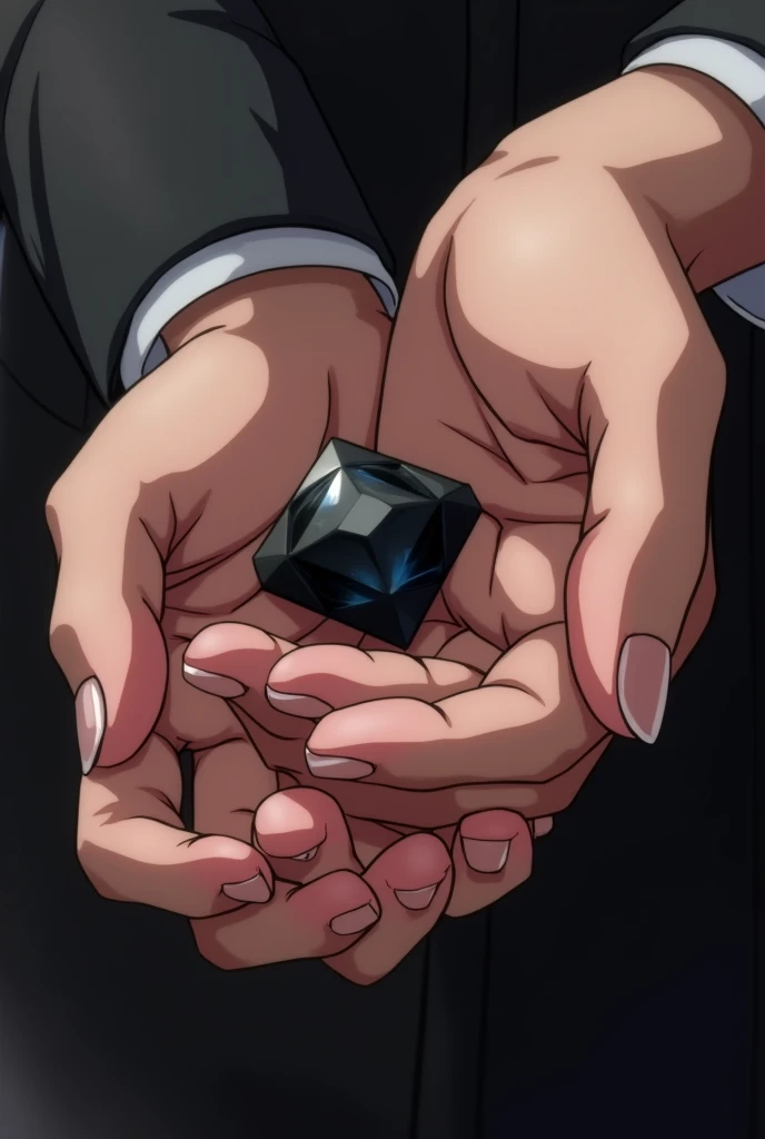 A close-up photo of hands with a black diamond, Extremely detailed hands, high quality hands, anime screenshot, side view, masterpiece, Best Quality, vivid colors
