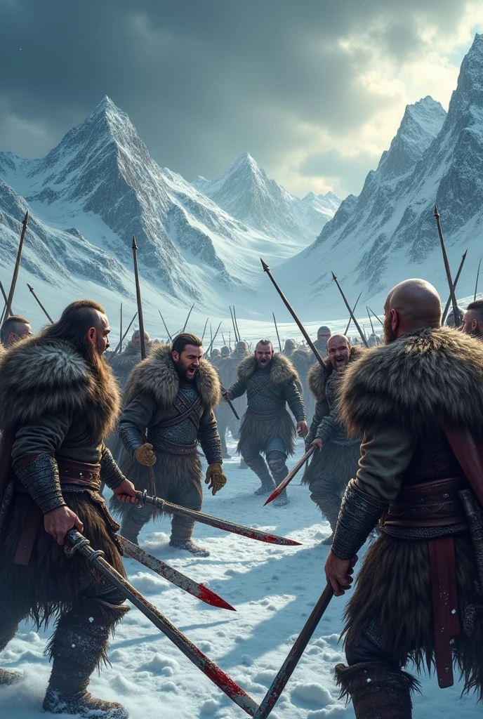 

"Create a 4K illustration of a fierce Viking battle, focusing on the expressive faces of the warriors amidst the chaos. The scene is set on a rugged, snow-dusted battlefield, with towering mountains in the background. In the foreground, close-up views of Viking warriors reveal their intense expressions—faces contorted with rage, determination, and fear. Some are engaged in fierce hand-to-hand combat, while others are shouting orders or rallying their comrades. Their detailed armor, fur cloaks, and bloodied weapons contrast with the harsh, cold environment. The background shows a melee of clashing figures and chaotic movement, with stormy skies and drifting snow adding to the dramatic effect. The illustration captures the raw emotions and brutal intensity of the fight, with a focus on the vivid, expressive faces of the warriors."