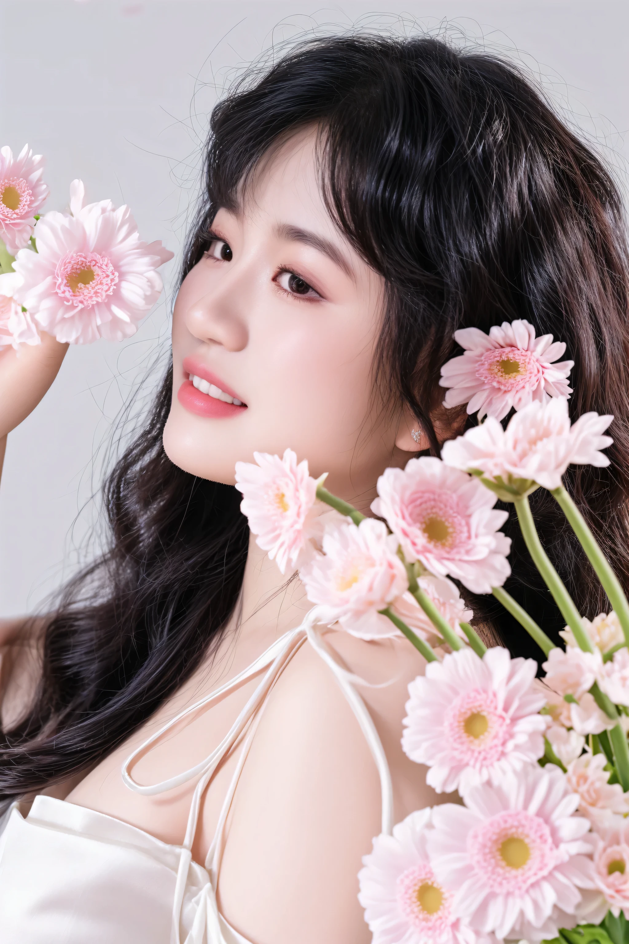 there is a woman holding a bunch of flowers in her hand, with flowers, dang my linh, captured on canon eos r 6, hoang long ly, mai anh tran, inspired by Huang Ji, leaked image, with frozen flowers around her, shot on canon eos r5, shot on canon eos r 5, duy beni serial, ao dai