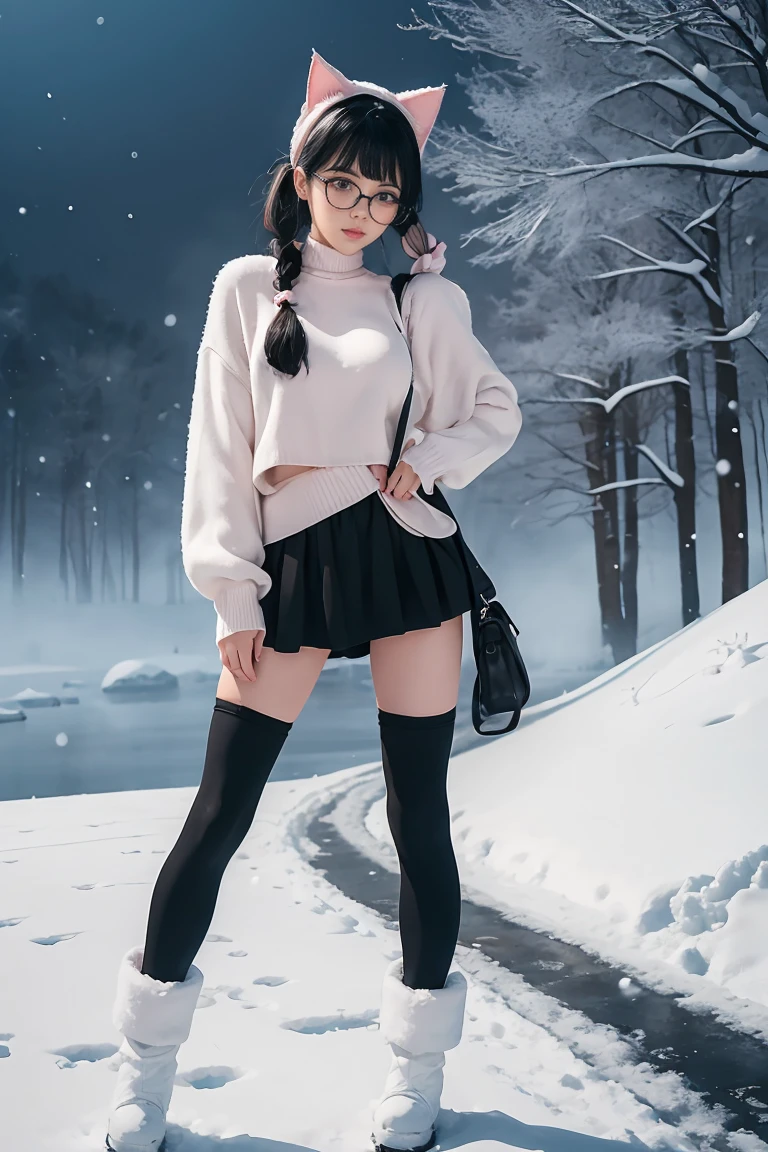 (Best Quality,High resolution:1.2), Ultra-detailed, Realistic portrait, hot Russian girl, pretty face, perfect long legs, full body, tiny waist. large breasts, standing, tight white cropped jumper, black high waist leggings, pink and white snow boots, in the snow, large blue eyes, long black hair tied up with a ribbon, pigtails, tight high waist skirt, woolen socks, hair bangs, snowing, foggy, (large round black rimmed glasses), cat ears