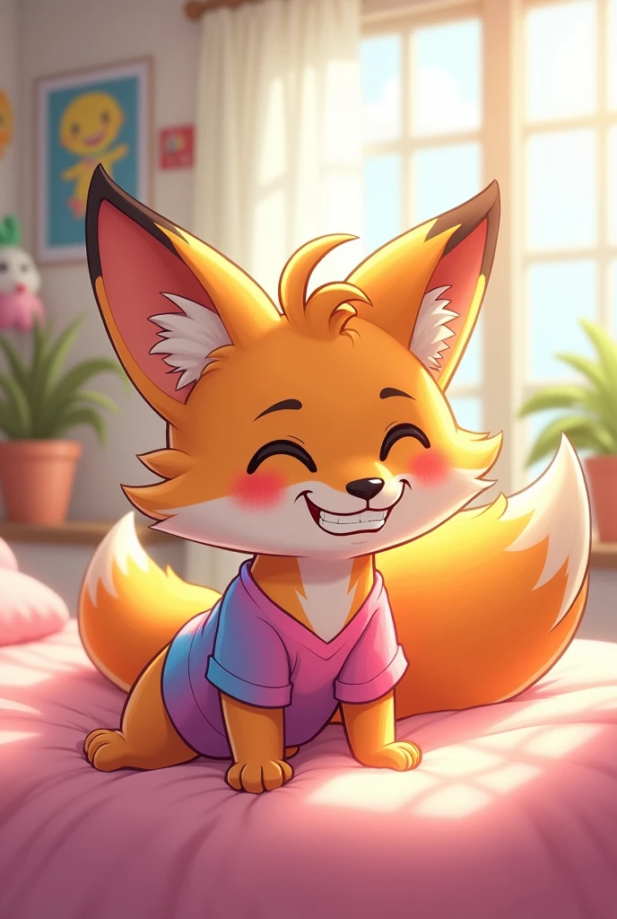 a cartoon 2d anthropomorphic fox girl kid wearing a pink, yellow, and blue gradient shirt relaxing on top of a bed. She’s bottomless.