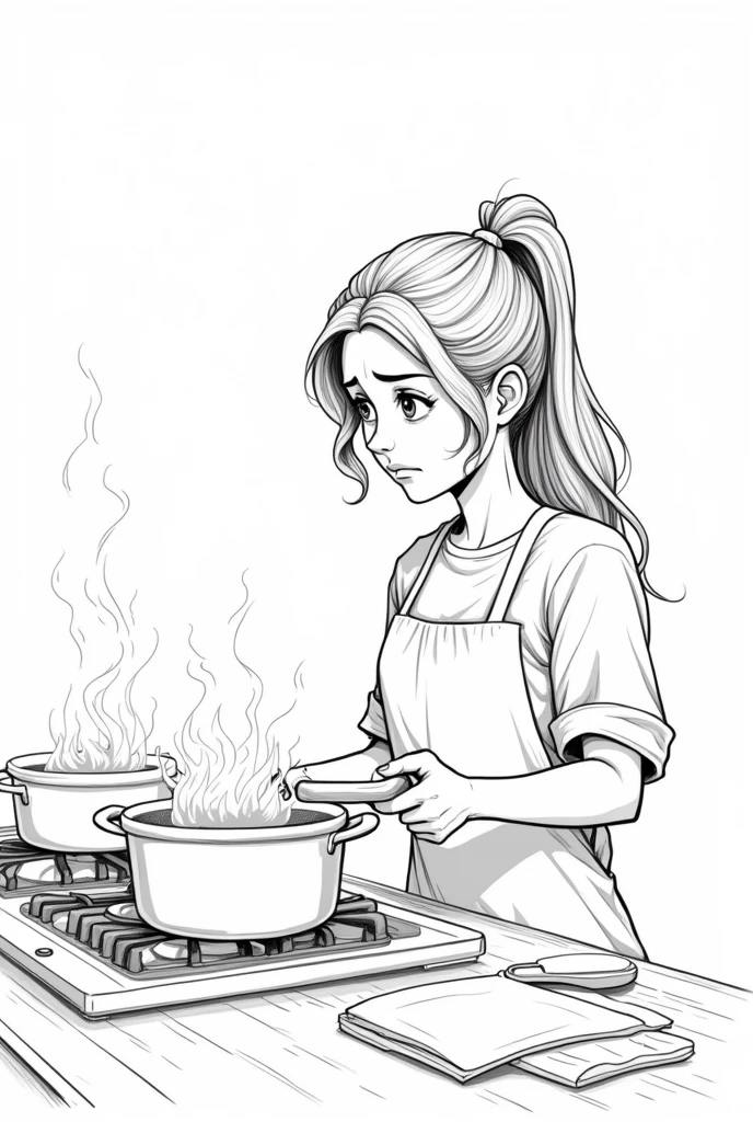Black and white line art, almost near (Medium shot) Nida sighed, put down the phone, and turned back to cooking, looking worried. (Draw as a line drawing)