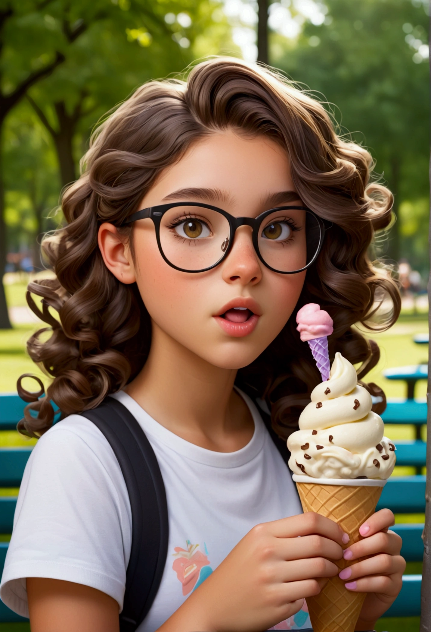 15 year old girl, brunette skin, curled hair, wearing glasses, eating ice cream in a cone at the park