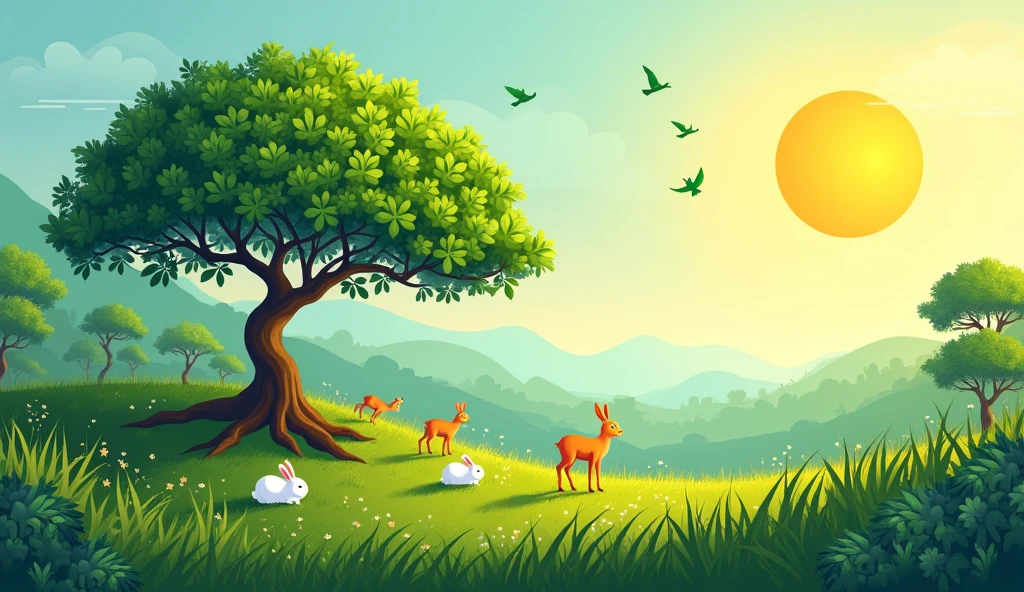 A vibrant vector art wall painting in landscape orientation. The scene features a 3D-shaped 'Kalpa Vriksha' spreading widely with dark green leaves and small stem as the central focus, with the sun appearing to be in upper right corner, casting a warm glow. The surrounding area includes lush green grass and few small tress in the background with small animals like deer and white rabbits near the Kalpa Vriksha. The sky is a soft blue morning hue with a few cute birds and green parrots flying. The colors are vibrant and designed to match yellow color palletes.