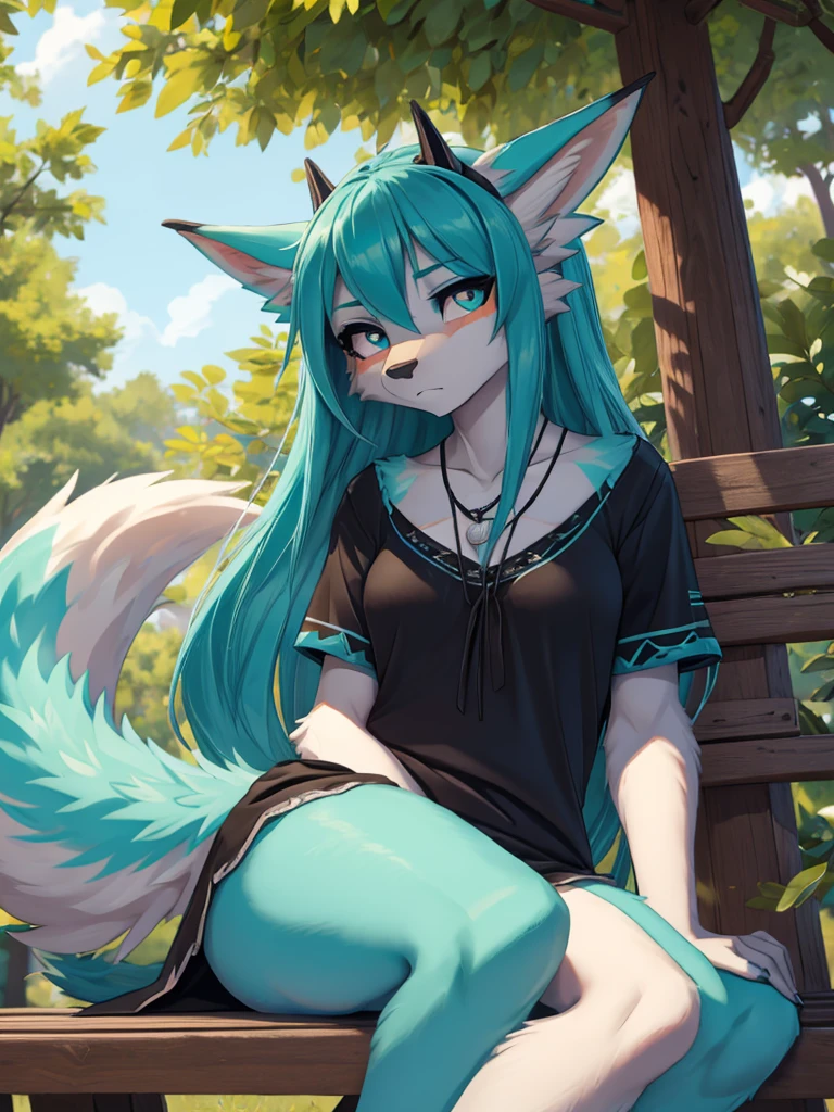 1 girl, Miku Hatsune, add high definition_detail:1, blue fur,kitsune ears, tribal tattoo add_detail:1, frente a un espejo, ropa casual  black blouse, licra mini short add_detail:1, mirads perdida, triste y llorando, actitud de ambición, medio dia en el parque, sentads en una banca 