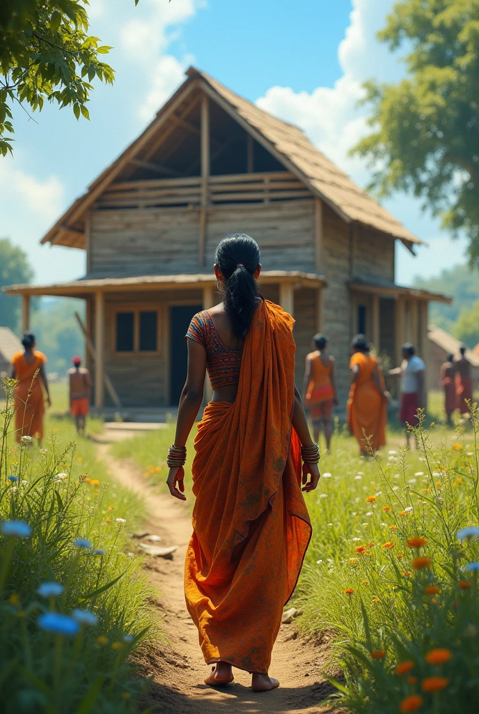 Poor indian woman making a big house out of woods