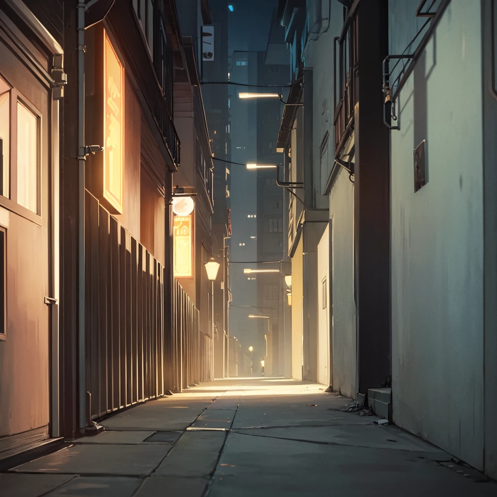 A shadowy alley in the city at dusk, devoid of people.