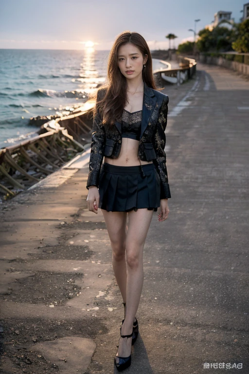 (photoPractical:1.38), (Original Photography:1.38), Ultra HD resolution、((best quality, Highest image quality, high resolution, Practical, original photo, 8k)), ((Perfect composition))、(Full body female love),A mature woman sits on the railing.,Real skin texture,Stylish long hair, Exquisite makeup,seaside,Perfect body,(((Wearing a suit jacket、Elegant short skirt:1.2))),fine knit fabric,Lace Bikini,detailed lace pattern,cleveage,belly button,Sexy long legs,long legs,Sexy high heels,Slender abs,,Pretty Face,Very detailed的脸部细节,Smart eyes, film noir theme, High Detail, Very detailed,Practical, Photo quality, high quality, (Real-life scenarios,Perfect work of art,Real background,Sunset,the background is a vast ocean