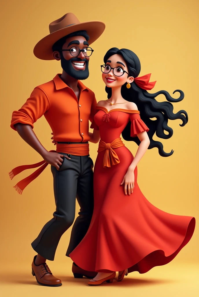 A couple dressed in typical Paraguayan dance clothes. The man is black-skinned, wears black pants with a typical warm-colored sash at the waist, a red ao po'i shirt and in the neck he wears a black handkerchief, wears a brown hat, has a little beard, wears myopia glasses with black frame. The woman wears a typical long and wide red skirt, a thin warm-colored sash at the waist and a red ao po'i blouse, has braids in her hair and wears round myopia glasses with thin and transparent frames, animated 3D cartoon style.