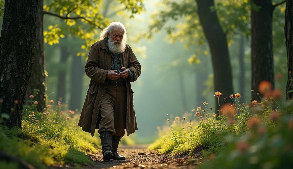 An old man carrying a watch in the forest  