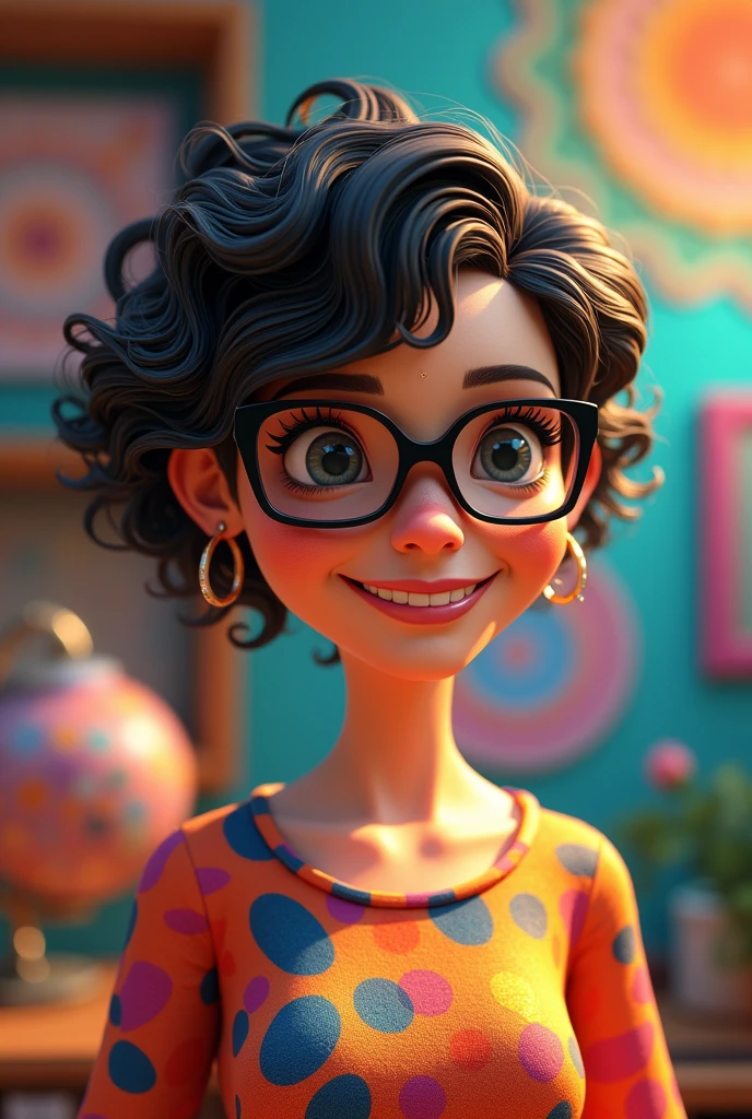 3D poster inspired by Pixar capturing a scene with a 55-year-old woman, black square glasses, light brunette, long eyelashes, small nose, arched eyebrows, square chin, overweight body, slightly full lips, smiling, short black hair on the side, all curly hair, full of curls, shaved neck and side bangs with curls, very long with curls, with an asymmetrical pixie haircut in which one side is very short and the left side is longer, long dress, wide and colorful with geometries, atelier with mandalas, a beautiful mole on the upper lip, between the nose and the mouth