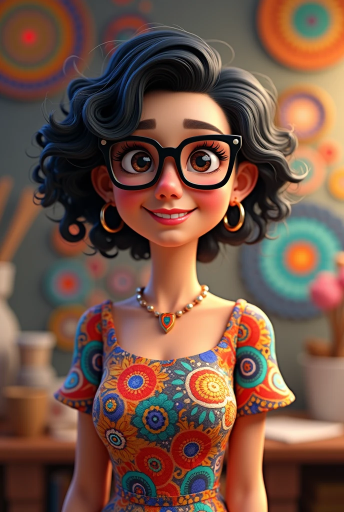 3D poster inspired by Pixar capturing a scene with a 55-year-old woman, black square glasses, light brunette, long eyelashes, small nose, arched eyebrows, square chin, overweight body, slightly full lips, smiling, short black hair on the side, all curly hair, full of curls, shaved neck and side bangs with curls, very long with curls, with an asymmetrical pixie haircut in which one side is very short and the left side is longer, long dress, wide and colorful with geometries, atelier with mandalas, a beautiful mole on the upper lip, between the nose and the mouth
