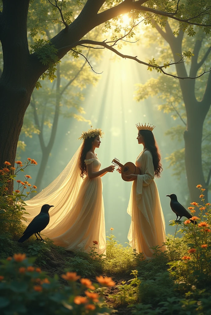Create an enchanting and whimsical scene depicting a mystical wind Zephyr, a gentle breeze, is personified as a delicate, winged figure singing a soothing melody, while a charming Black Bee plays a lute, adding to the serenade. Usha, the goddess of dawn, stands gracefully, bidding the assembly to dance. Fragrance, personified as a lovely maiden, is lost in the rhythm, her movements captivating. In the foreground, the Kumbhatua bird, adorned with royal regalia, begins to recite an ode, while the Kalinga bird, the premier panegyrist, appears with a sweet, melodious voice, urging the Queen of Chaste Ladies to awaken as night dawns. Incorporate lush foliage, vibrant flowers, and soft, ethereal lighting to evoke a sense of wonder and magic. The atmosphere should be dreamy, with a touch of mysticism, as if the forest itself is coming alive to pay tribute to the Queen.
