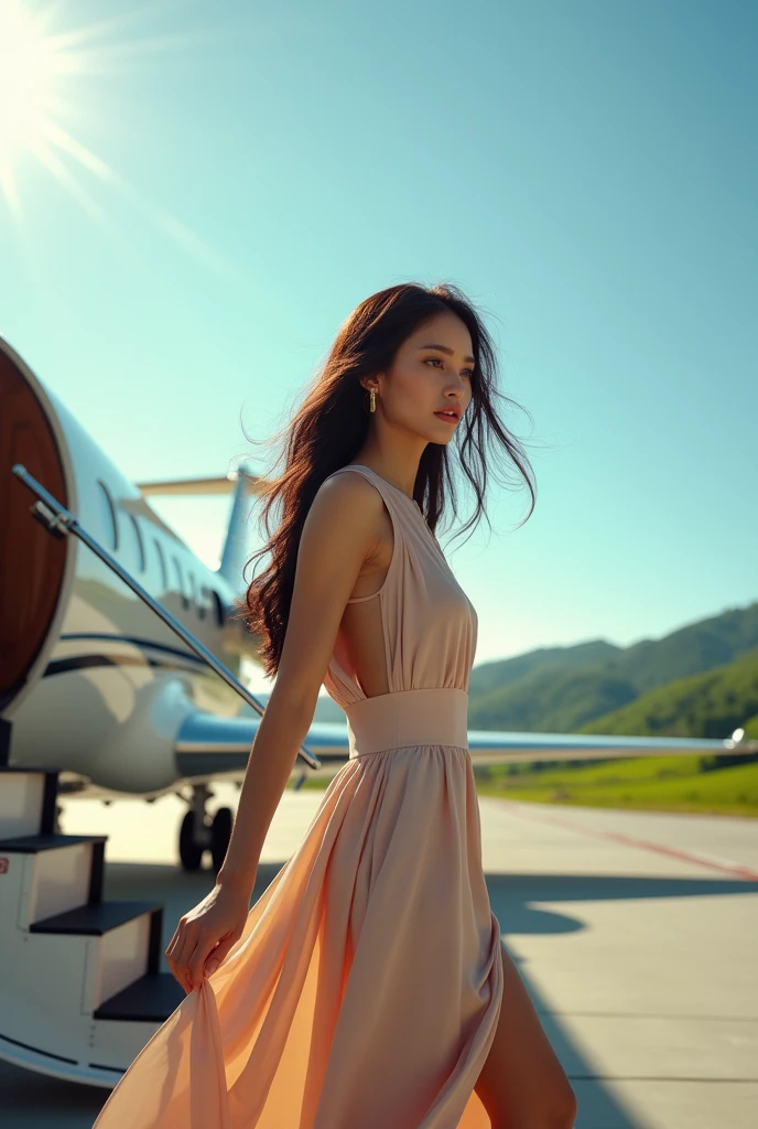a beautiful asian woman, walking out of a private jet staircase, daytime, sunny, elegant dress, long flowing hair, graceful pose, serene expression, luxury private jet, bright sunlight, clear blue sky, private airfield, rolling green hills in background, photorealistic, highly detailed, cinematic lighting, vibrant colors, intricate details