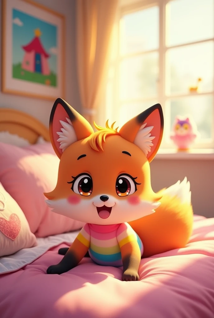 a cartoon 2d anthropomorphic fox girl ??? wearing a pink, yellow, and blue gradient shirt relaxing on top of a bed. She’s bottomless.