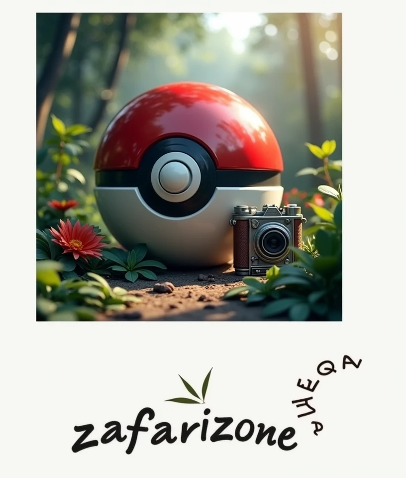 Create a pokeball and camera photography, the background should be a jungle and it should be high resolution, include the letters “zafarizone by NahUM” dynamically, logo.