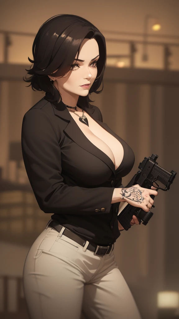 A mature woman with tattoos on her chest and large breasts, dressed in mafia clothes, is holding a gun in the middle of the city illuminated by street lights. The air is tense and dark, creating a mysterious and dangerous atmosphere.