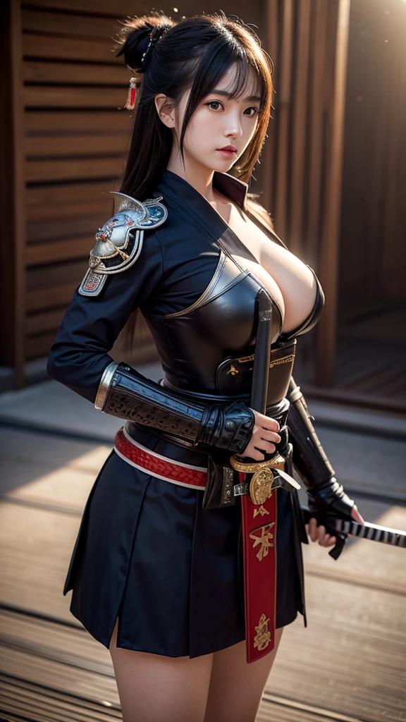 (masterpiece, 4K resolution, surreal, Very detailed,top quality,best quality),Female Japanese Samurai Armor,Battle damage,Standing,Wielding a katana,A beautiful face,Huge breasts,Head to Thigh