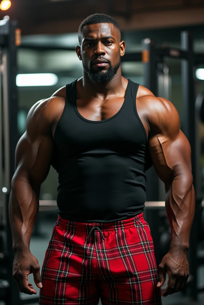 a sweaty black muscular man, wearing a black tank top that shows his nipples and red plaid shorts that show the bulge of his enormous erect male member