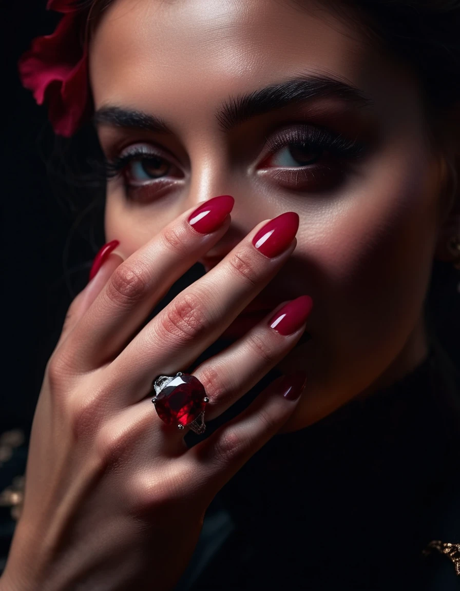 the girl covered her face with her hand, ((hand close-up)) a ring with a ruby on the finger,
facespalm theme, ((Ettore Aldo Del Vigo style.)), gloomy surrealism, with darkness, ((Best quality, masterpiece)), ((Highest detail)), RAW: 1,1, 8K