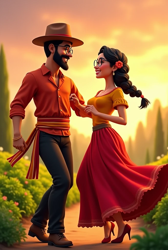 A couple dressed in typical Paraguayan dance clothes. The man is black-skinned, wears black pants with a typical warm-colored sash at the waist, a red ao po'i shirt and in the neck he wears a black handkerchief, wears a brown hat, has a little beard, wears myopia glasses with black frame. The woman wears a typical long and wide red skirt, a thin warm-colored sash at the waist and a red ao po'i blouse, has braids in her hair and wears round myopia glasses with thin and transparent frames, animated 3D cartoon style.