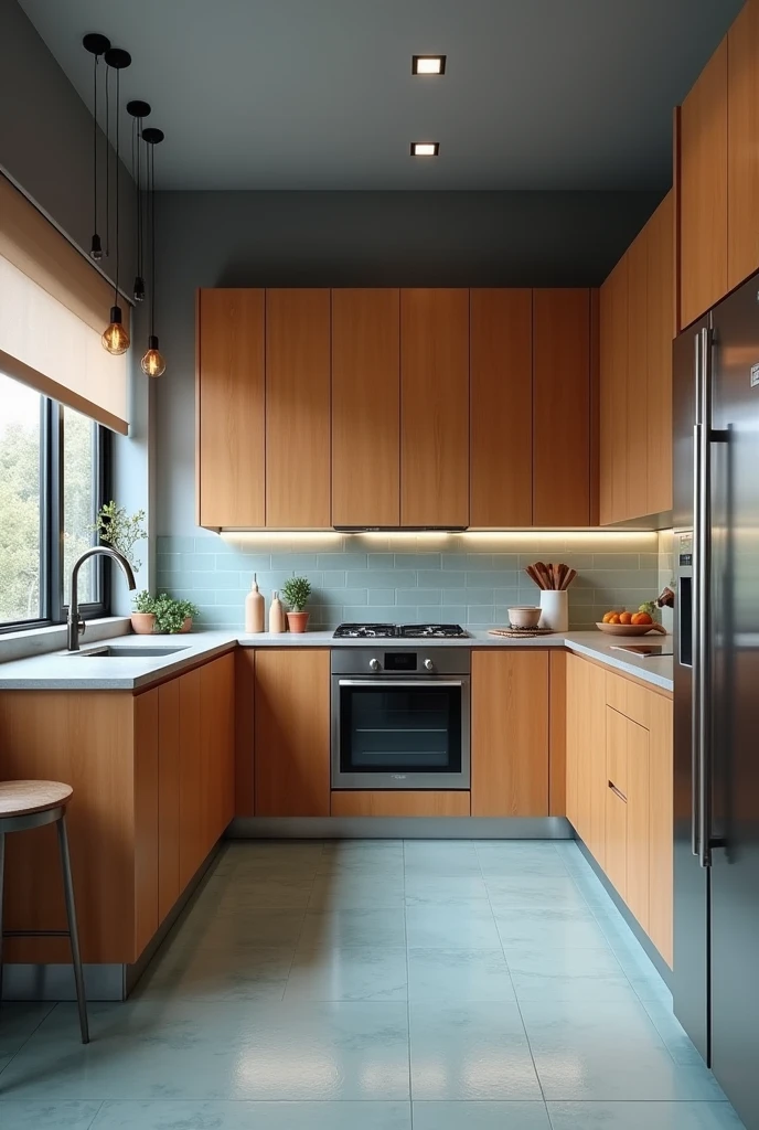 I want you to act as an architect and generate an image of a fully equipped kitchen with gray walls, furniture in caramel color and the floor is light blue