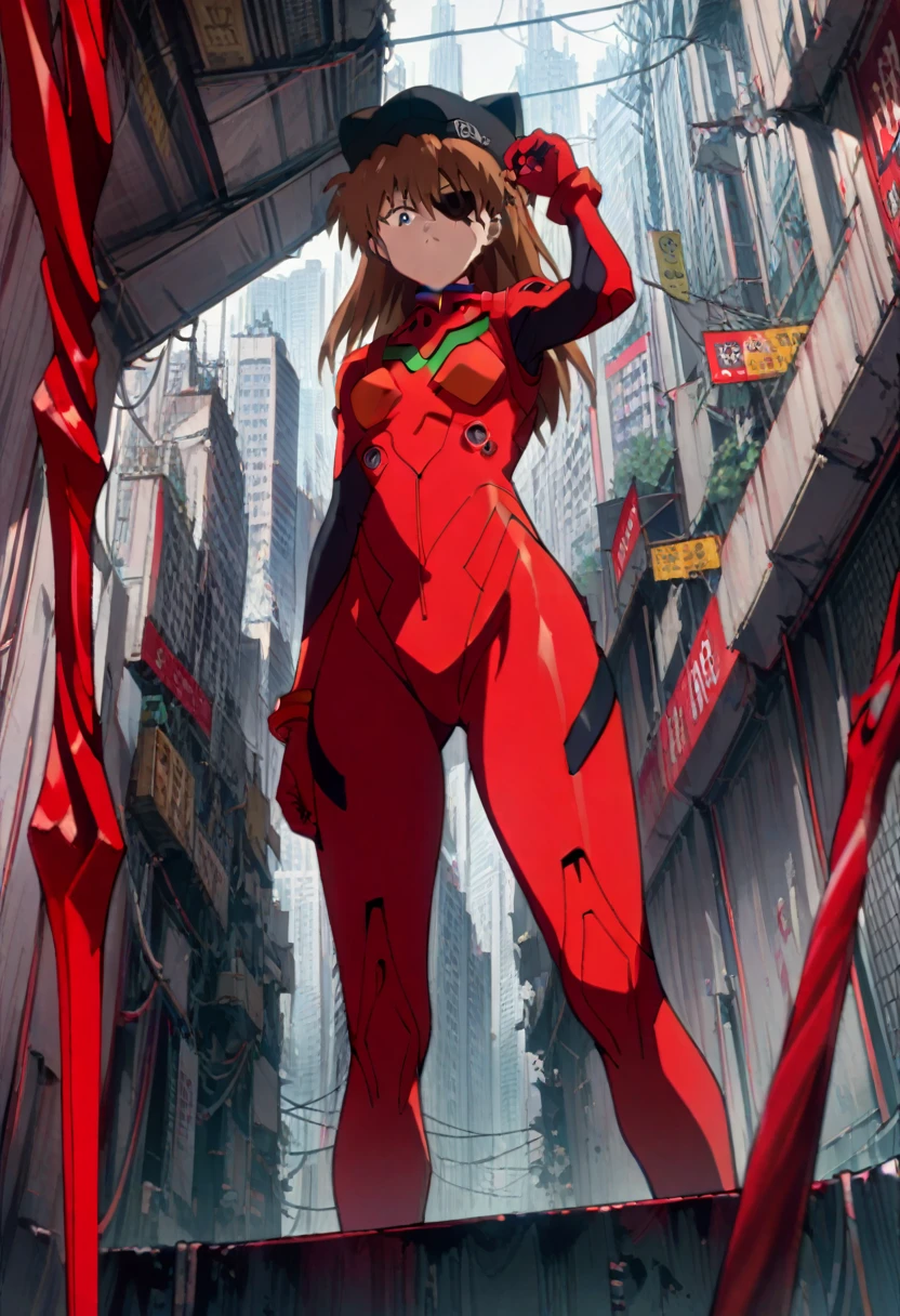 1girl, souryuu asuka langley, neon genesis evangelion, rebuild of evangelion, lance of longinus, cat hat, plugsuit, pilot suit, red bodysuit, standing, black eye patch, looking down, from below, looking at viewer, outdoors, city, masterpiece, best quality, absurdres
