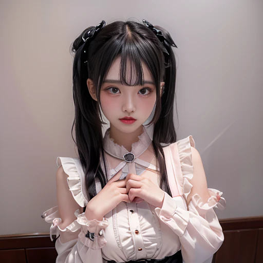 best quality, Delicate face,beautiful visual work, lifelike, eternity, black hair, Smile, Detailed Background, Delicate face,blush,cold,((masterpiece))、(top quality)、8k、high detail、Super detailed,31-year-old female, masterpiece、born、Scenes resembling fairy tale illustrations、intricate details和複雜的設計、Beautifully、magic、capricious、 Beautifully、Dream aesthetics、「𝓡𝓸𝓶𝓪𝓷𝓽𝓲𝓬、ethereal、charming、fickle、magic」、realism、Visual effects、FXAA、SSAO、Shader、voiceless、ambient lighting、Tone mapping、High resolution、Ultra high quality、Million pixels、(8K resolution:1.10)、8k、8k以下、8K resolution、high detail、intricate details, (high quality:1.2、masterpiece:1.2、:1.21)、(31-year-old female:1.21)、(興奮地Smile)、(Surrounded by a dreamy atmosphere、full-body shot,Normal 2 feet,Put your hands behind you, Large Breasts, H cup chest,Twin tails tied with a bow。full body view