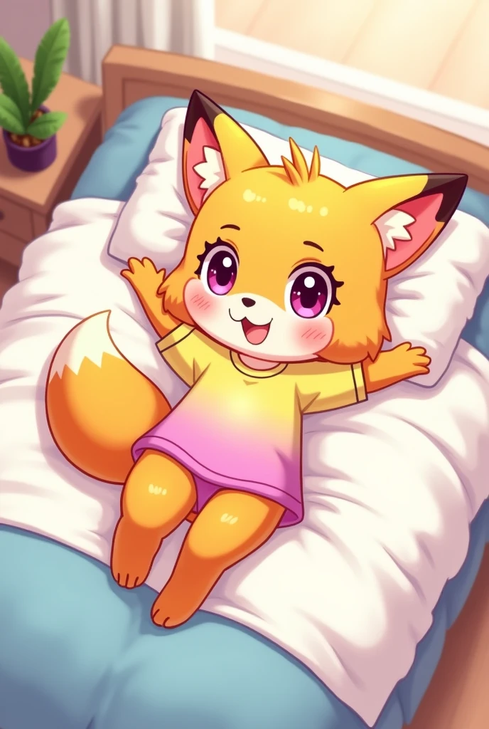 a cartoon 2d anthropomorphic fox girl kid wearing a pink, yellow, and blue gradient shirt laying on top of a bed. She’s bottomless.