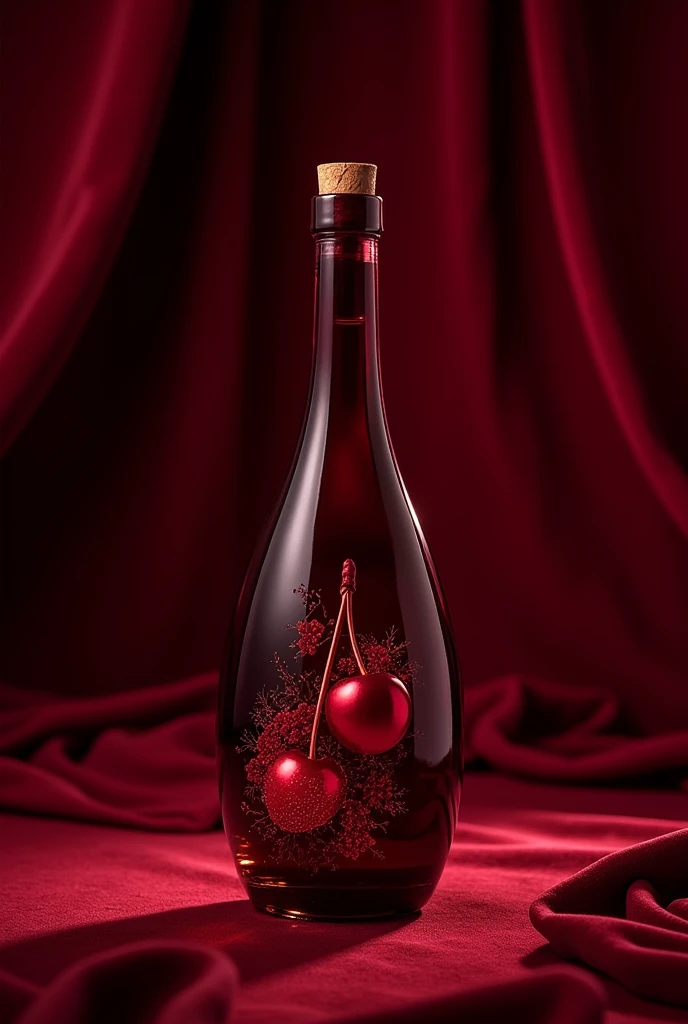 create a glass bottle for a cherry liqueur company, the name is: Cherry Rubi. What should convey: elegance and sophistication. logotype: an 'A' with a cherry.
