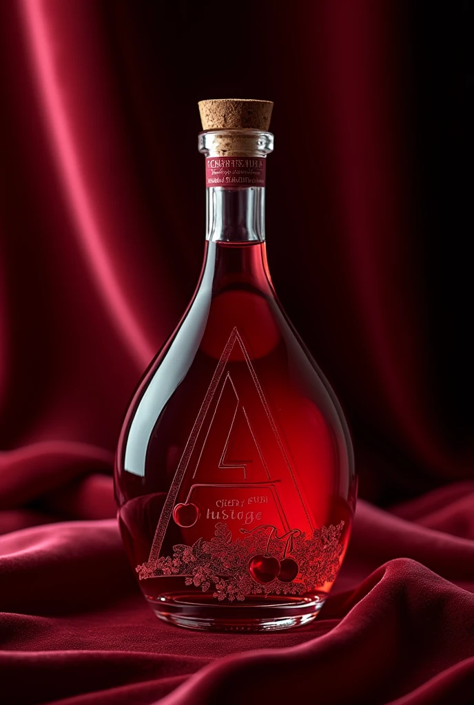 create a glass bottle for a cherry liqueur company, the name is: Cherry Rubi. What should convey: elegance and sophistication. logotype: an 'A' with a cherry.
