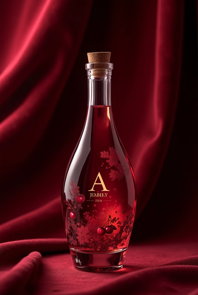 create a glass bottle for a cherry liqueur company, the name is: Cherry Rubi. What should convey: elegance and sophistication. logotype: an 'A' with a cherry.