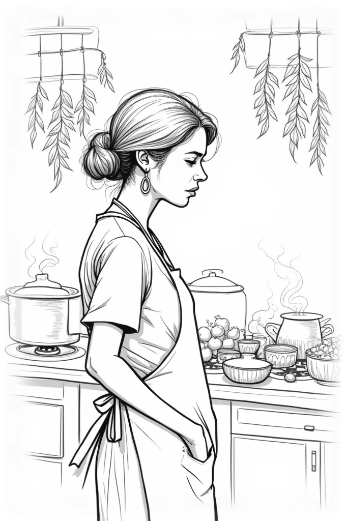 A black and white drawing, semi-close up (Medium shot) Nida sighed, put down the phone, and turned back to cooking, looking worried. (Draw as a line drawing)