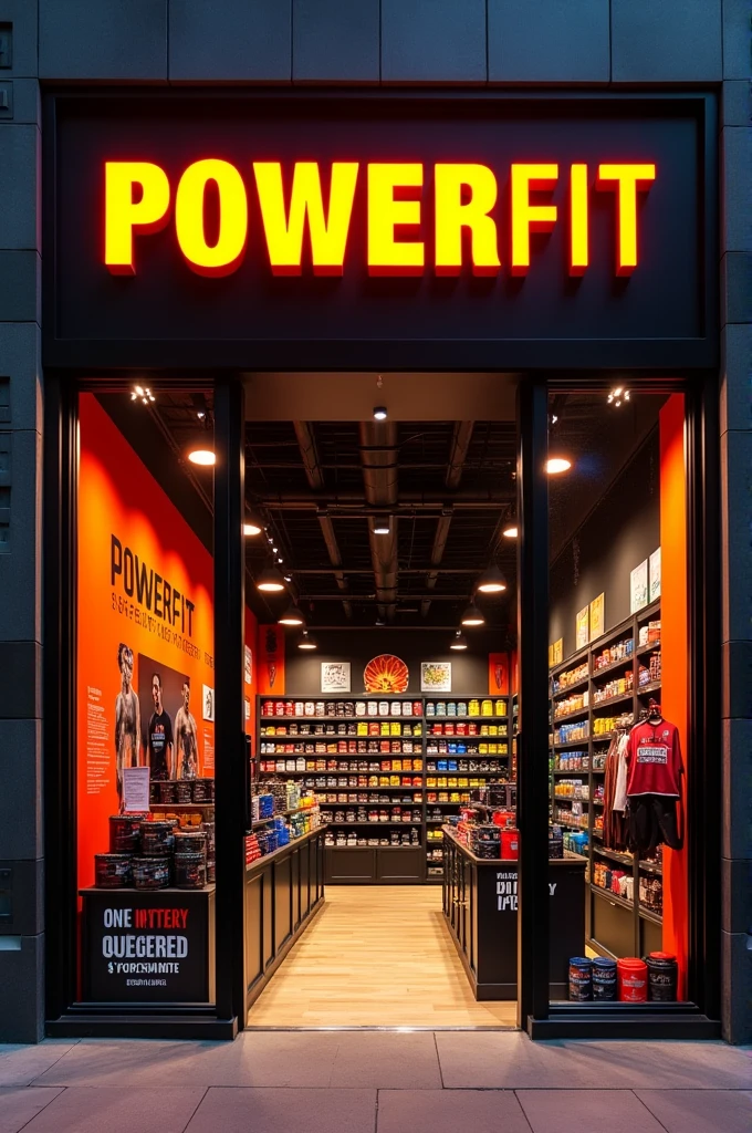 Create a storefront for a supplement shop in black and orange with the name POWERFIT 