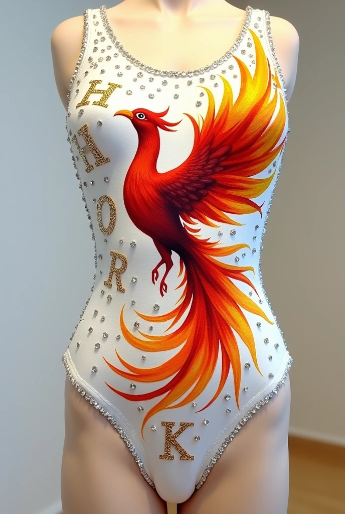 White rhythmic gymnastics leotard with a colorful phoenix painted with paint in the center and the letters H and K next to the phoenix , various stones and rhinestones embellishing the garment 
