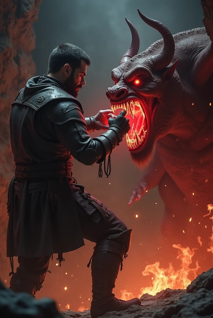 Create an image of a man putting a gag on the devil's mouth