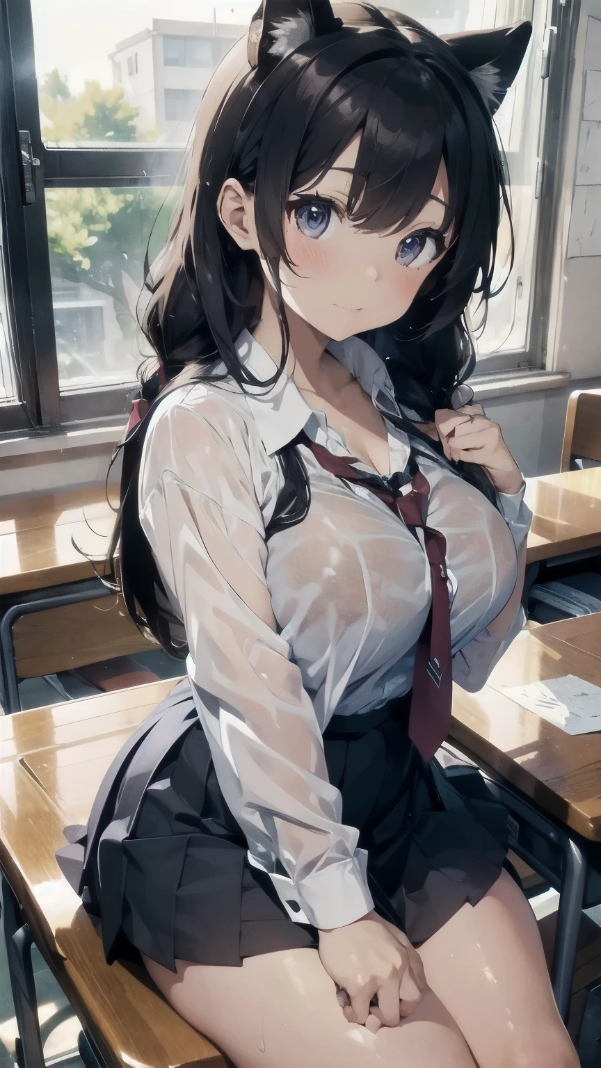 Thicc, large breasts, sexy school uniform, cat ears, long braided hair, in classroom, open shirt, sitting on the desk, soaked wet, see through,