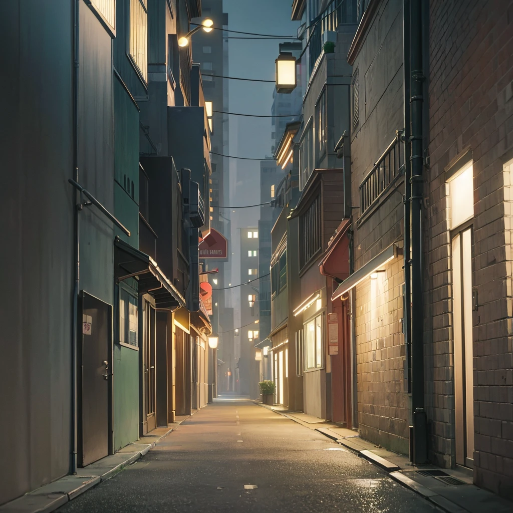 A shadowy alley in the city at dusk, devoid of people.