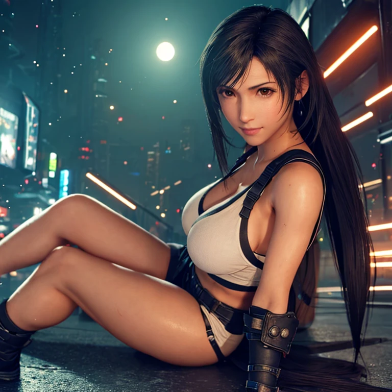 ((Master quality, 8K, masterpiece:1.3, ultra-detailed, high resolution, RAW Photos, detailed , blurry, Actual, hyper realistic, photo, HDR)), BREAK, perfect anatomy, perfect hands, perfect legs, perfect feet, detailed eyes, BREAK, One person alone, ff7r style, tifa lockhart,, beautiful face, beautiful detailed eyes, (dynamic posing ), long hair, ( Round and Stacked Breasts ), Cleavage, seductive smile:1.5, Sweat-soaked skin, BREAK, wearing( ), , Graffiti art, BREAK, ( Random Angle, full-body, ), dynamic angle, , background(Realistic , cinematic lighting, depth of field, night , the full moon,, cyberpunk city atmosphere light particles, , )