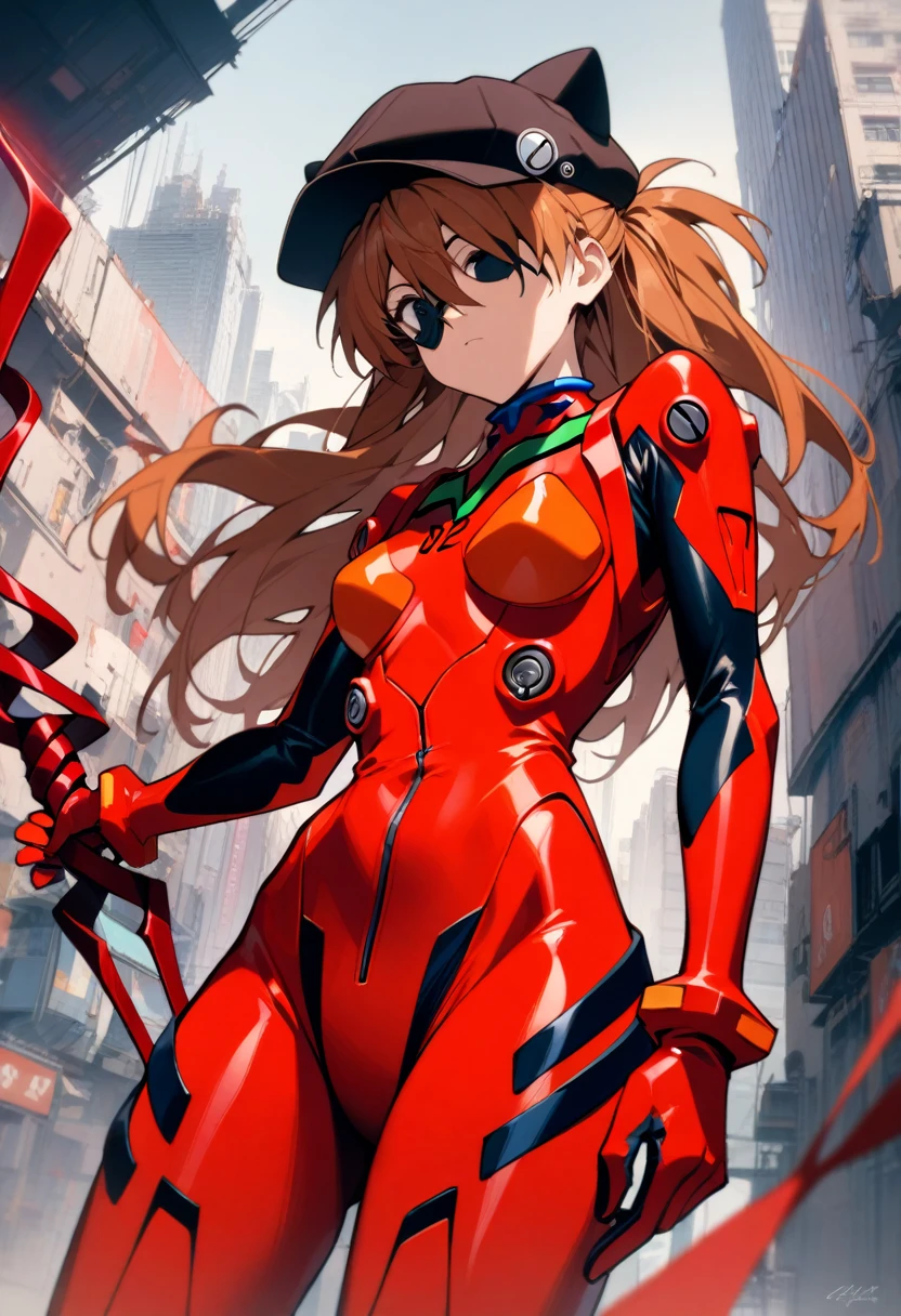 1girl, souryuu asuka langley, neon genesis evangelion, rebuild of evangelion, lance of longinus, cat hat, plugsuit, pilot suit, red bodysuit, standing, black eye patch, looking down, from below, looking at viewer, outdoors, city, masterpiece, best quality, absurdres
