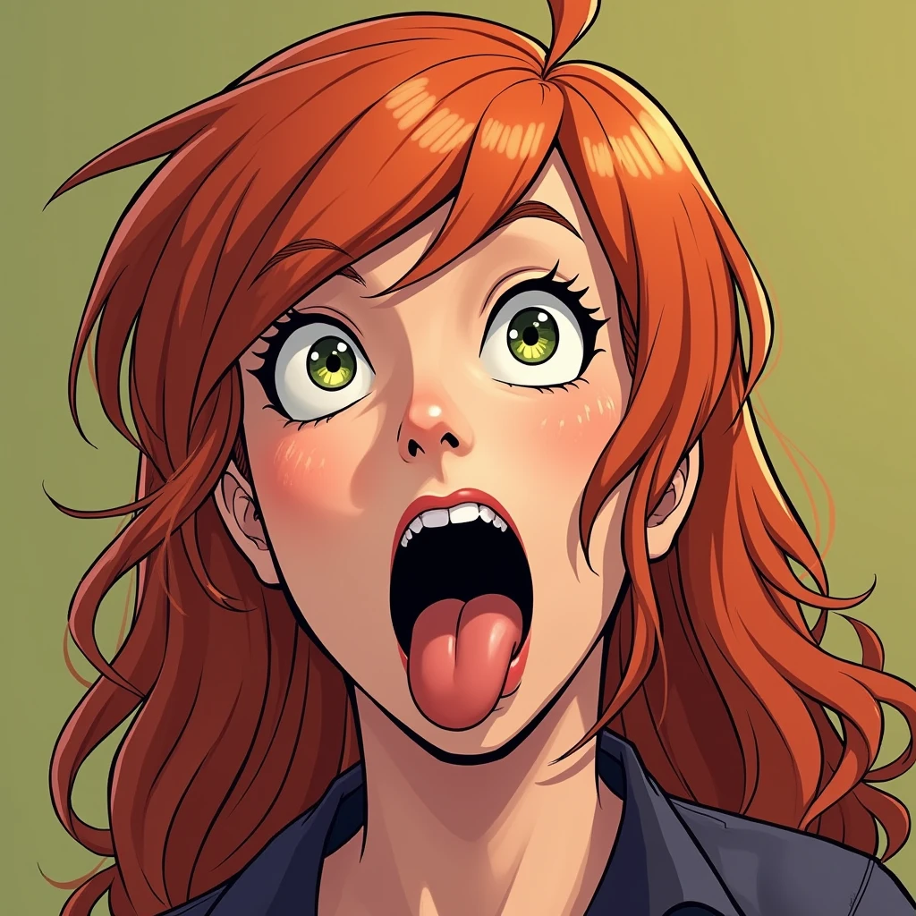 Gwen Tennyson is a redhead with her mouth open and her tongue sticking out.