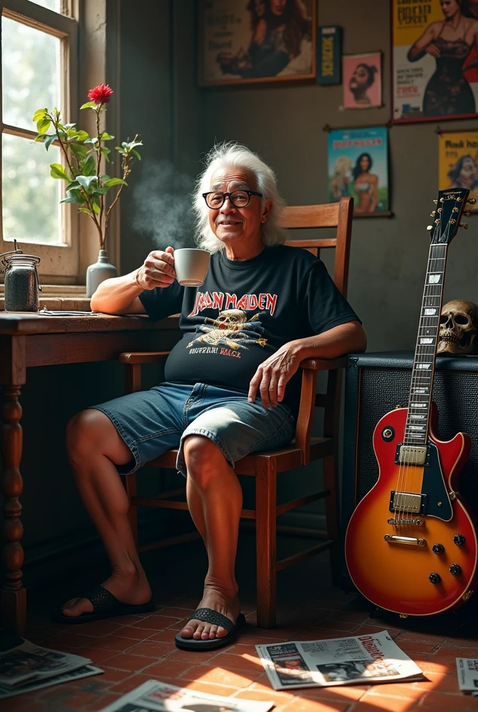 (photorealism:1.2) realistic high detailed definition Malay old man sitting on chair left hand hold cup of coffee and right hand hold cigarette smile face background filthy bricks wall on the room morning mode sunlight effect silhouette wearing shirt black shirt wrote iron maiden full body wearing glasses long white hair short jeans wearing slippers wet floor flower tree and electric guitar on side marshall amplifier magazines on floor poster pink Floyd on wall rack full of vinyl records skull on the table naked women poster on the wall