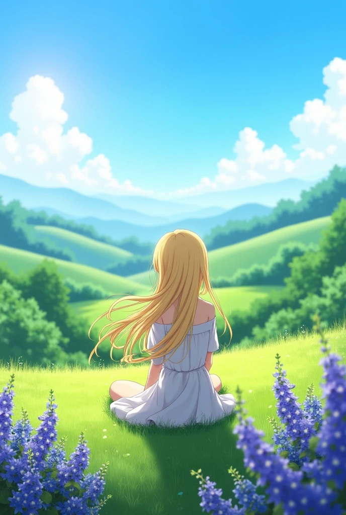 Create an image of a female anime character with blonde hair sitting on the grass, seen from the back, with purple flowers around and with a beautiful landscape around