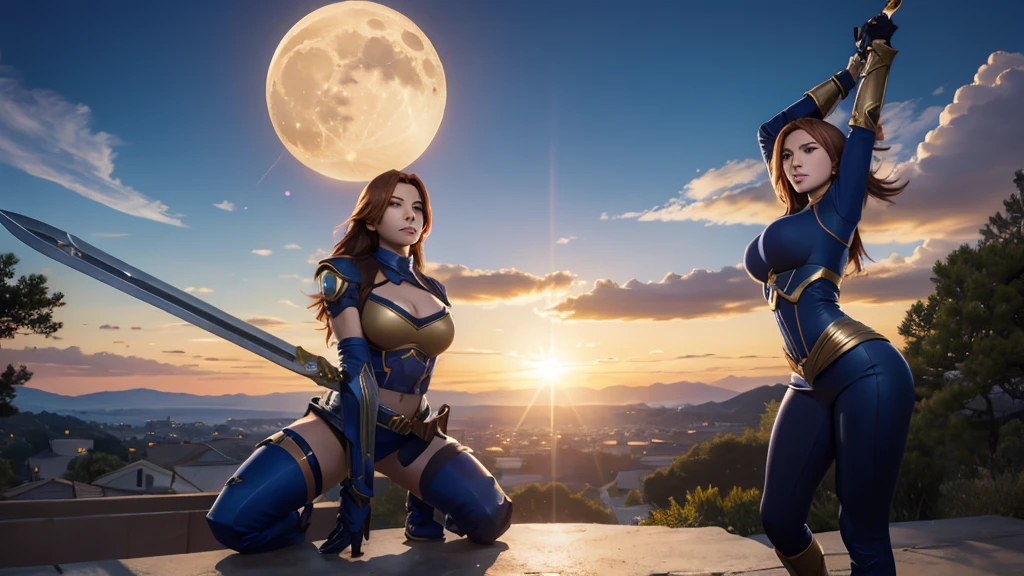 leona, league of legends, realistic, sword and shield, power pose, bottom to top, moon and sun in the background