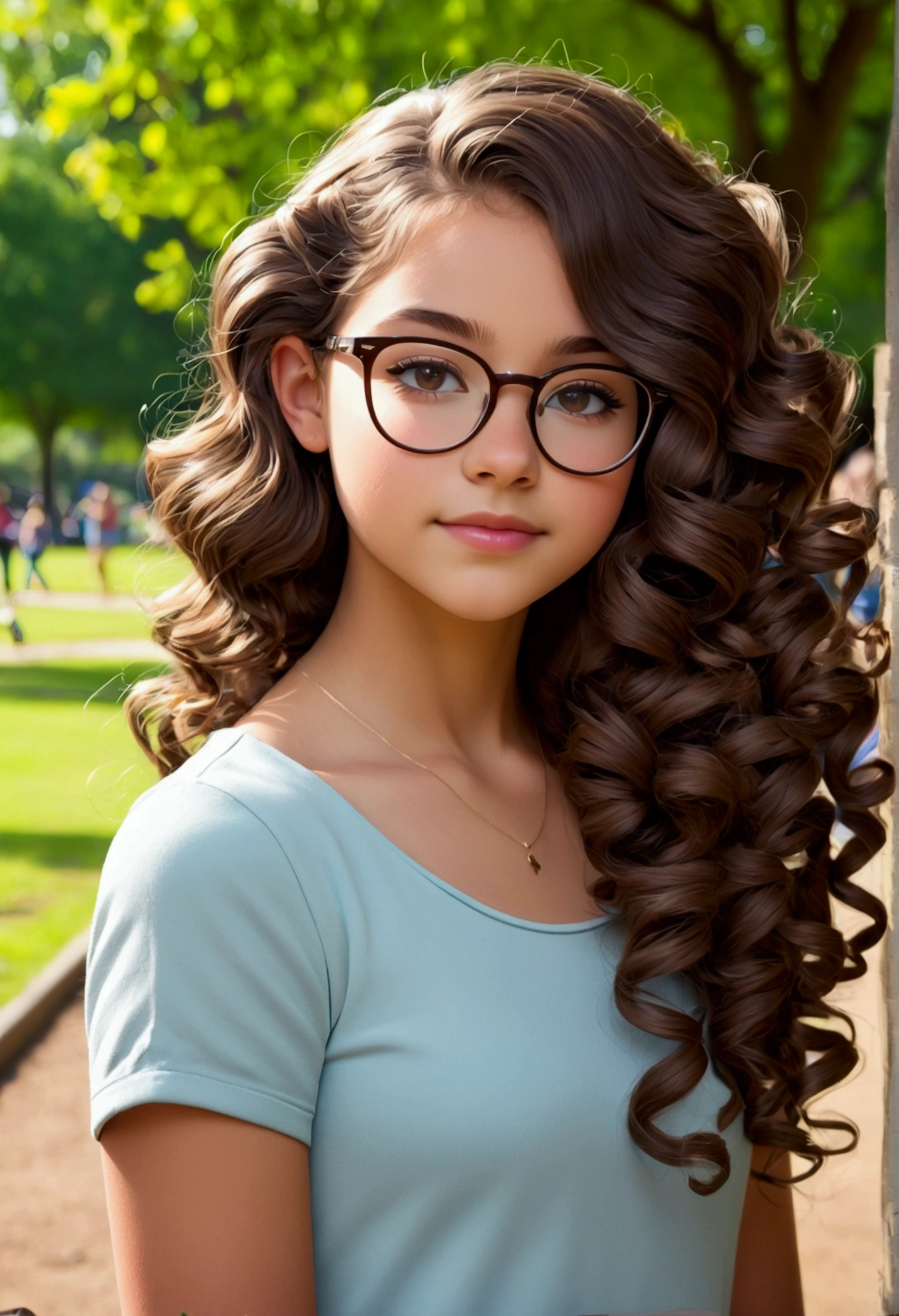  girl, brunette skin, curled hair, wearing glasses at the park