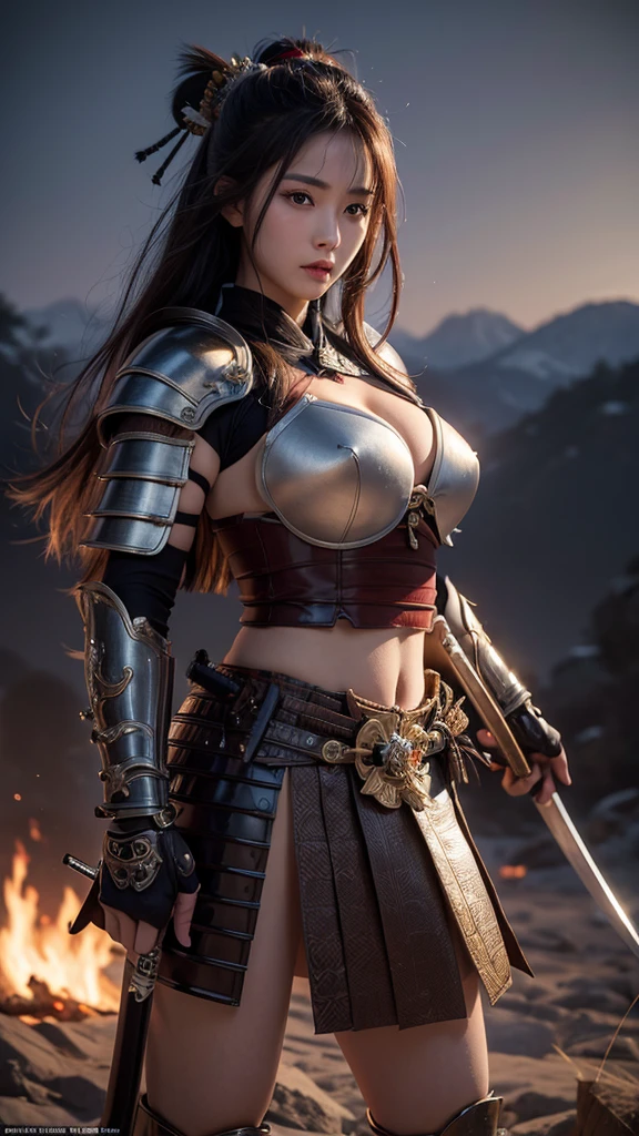 (masterpiece, 4K resolution, surreal, Very detailed，top quality，best quality)，A beautiful face，Huge ，Japanese samurai armor，Battle damage，Wielding a katana，Head to Thigh